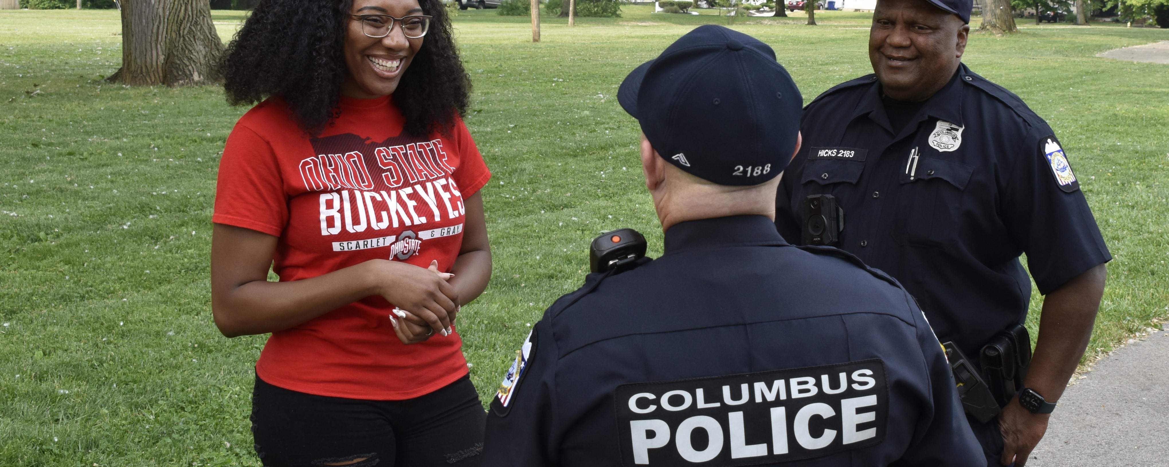 Columbus Police Officers Chatting with Ohio State Fan