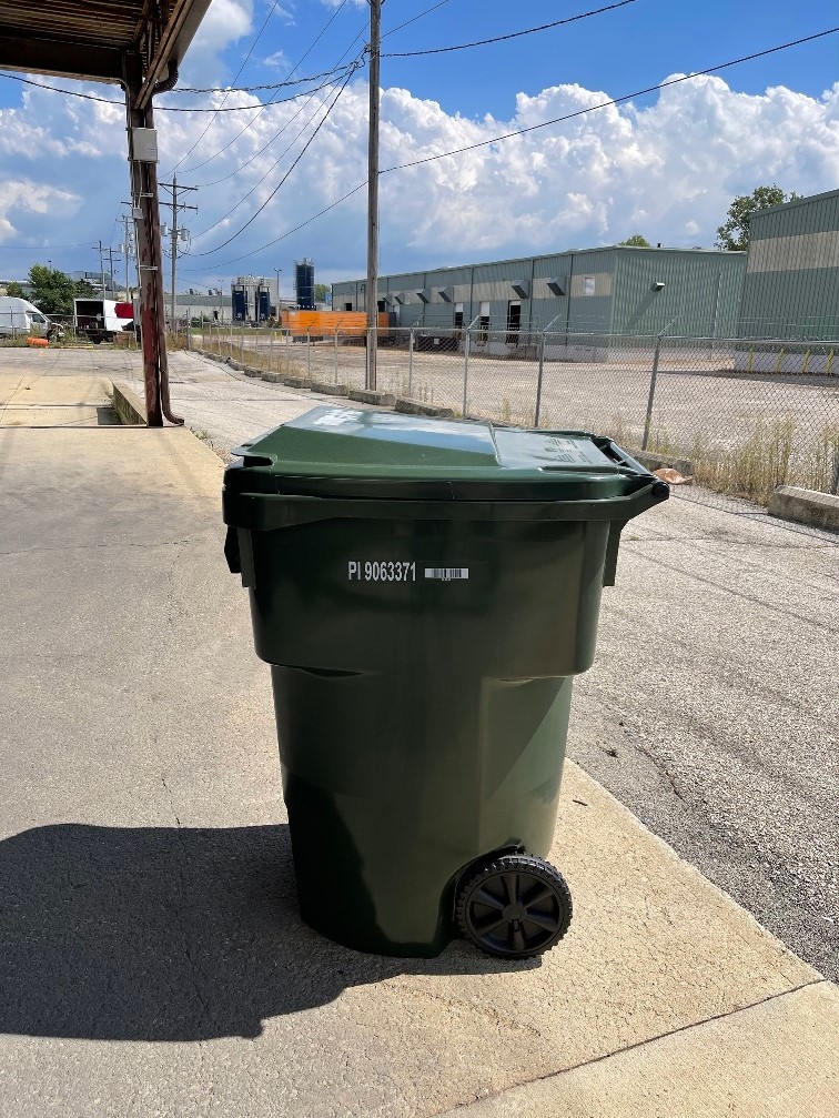 90 Gallon green bin with wheels and hinged lid