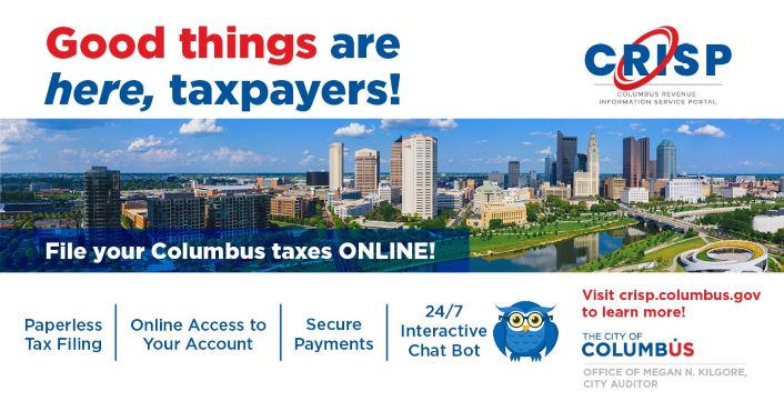 Postcard to file your Columbus taxes online at crisp.columbus,gov