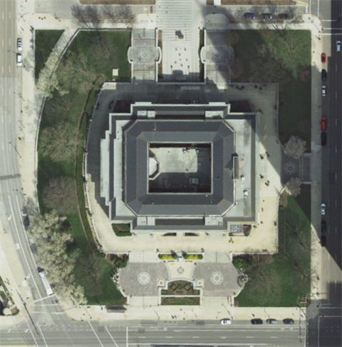 Aerial photo of Columbus City Hall taken during Spring 2021